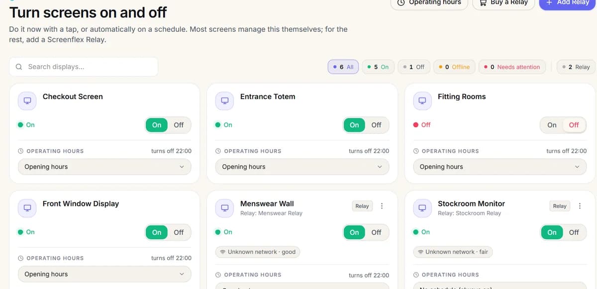 شاشات مع مفاتيح تشغيل وإيقاف وساعات العمل