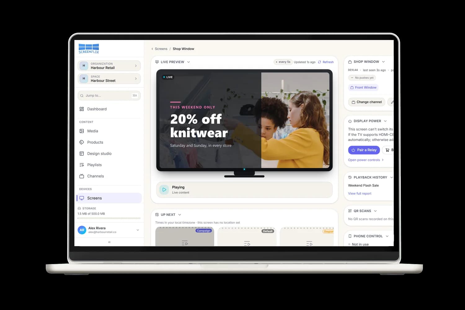 A screen's detail page in Screenflex with its live preview