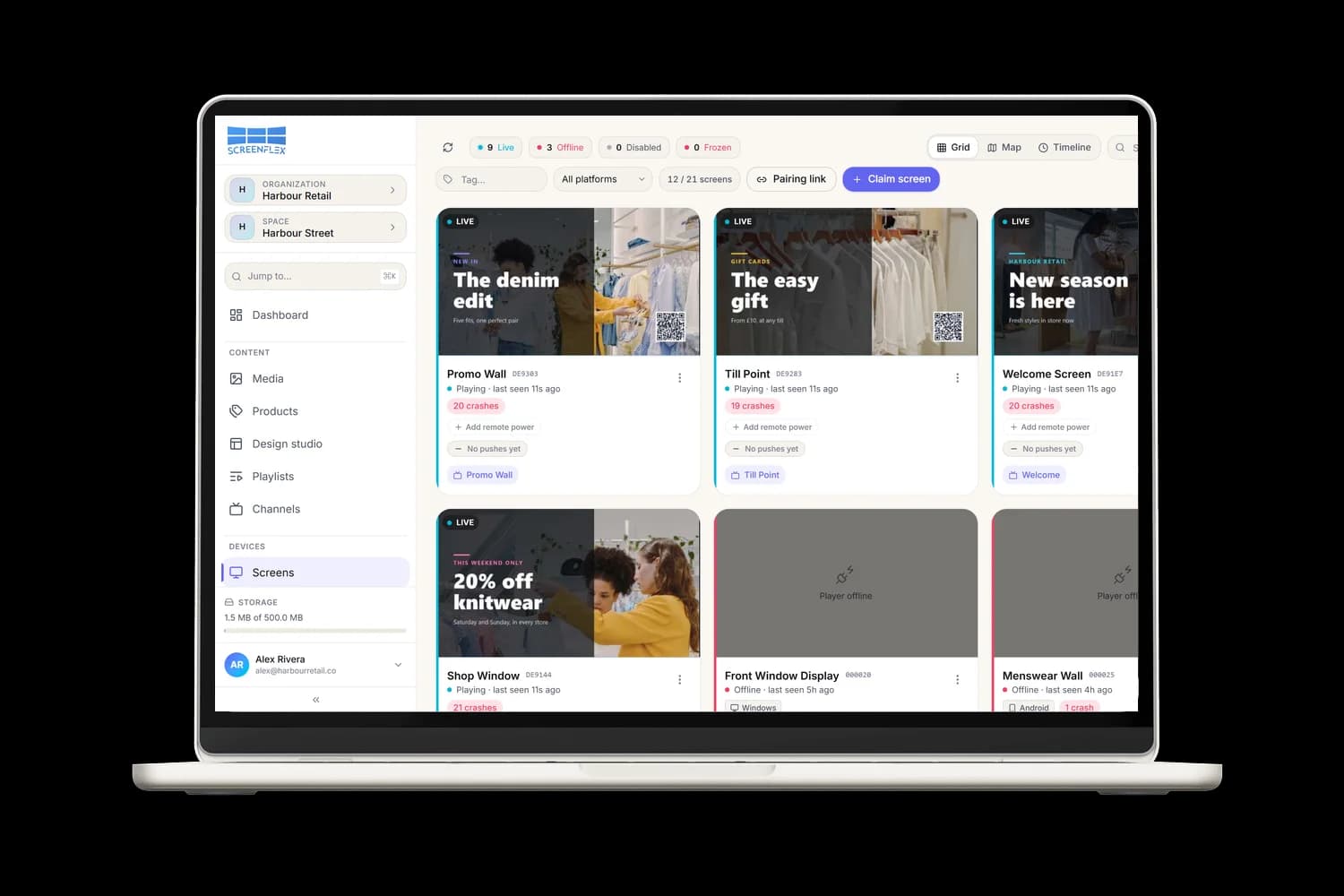 The Screenflex Screens page with live thumbnails of every screen