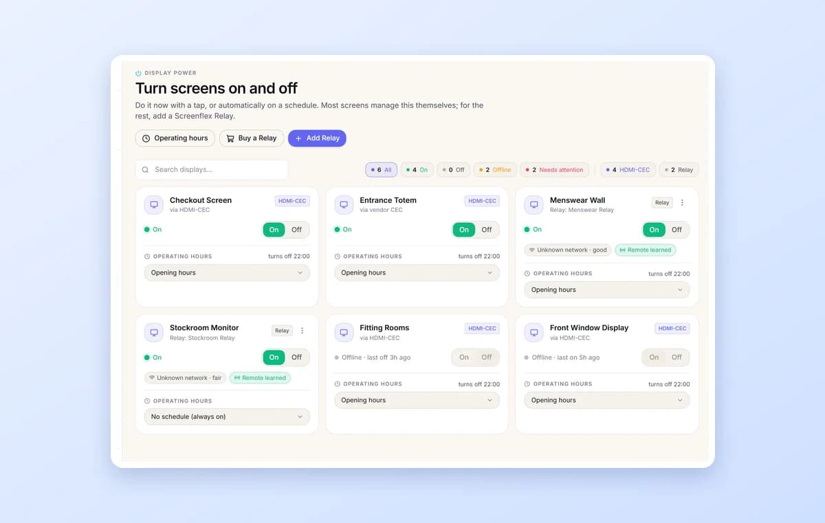 The Screenflex power page with on and off switches and opening hours